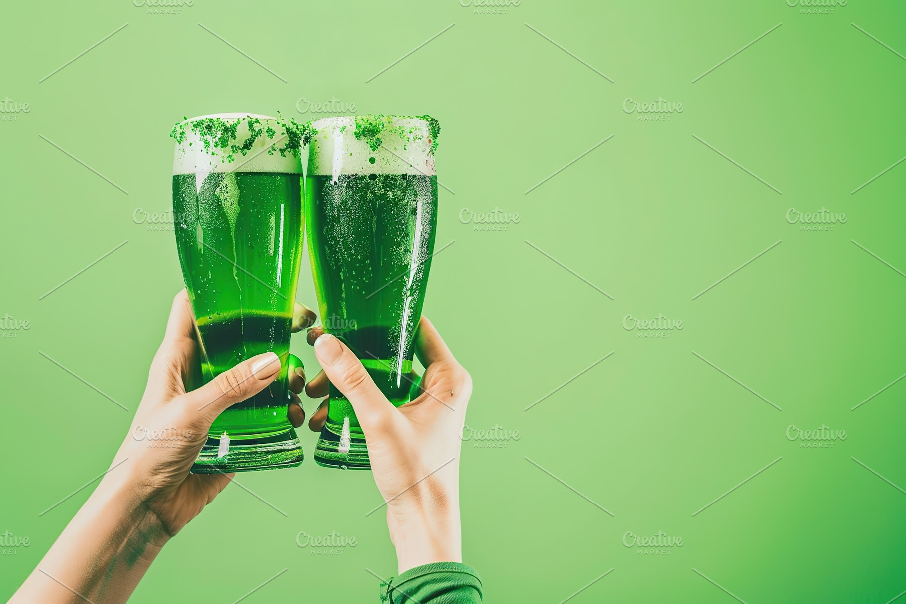 Hands with glasses of green beer on green background. St Patrick's Day concept, a Food & Drink Photo by AlyaAnd