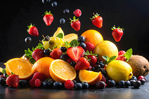 Fresh fruits suspended in black void with vibrant detail, a Nature Photo by GoodGoods