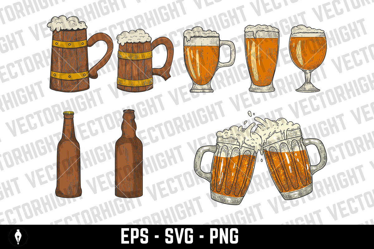 Vintage-style beer mugs, a Food Illustration by Vectorhight (Photo 3 of 3)