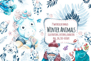Watercolor Winter animals.