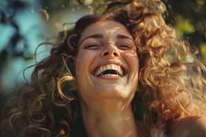 A woman with curly hair is smiling a, a Photo by Iftikhar Alam
