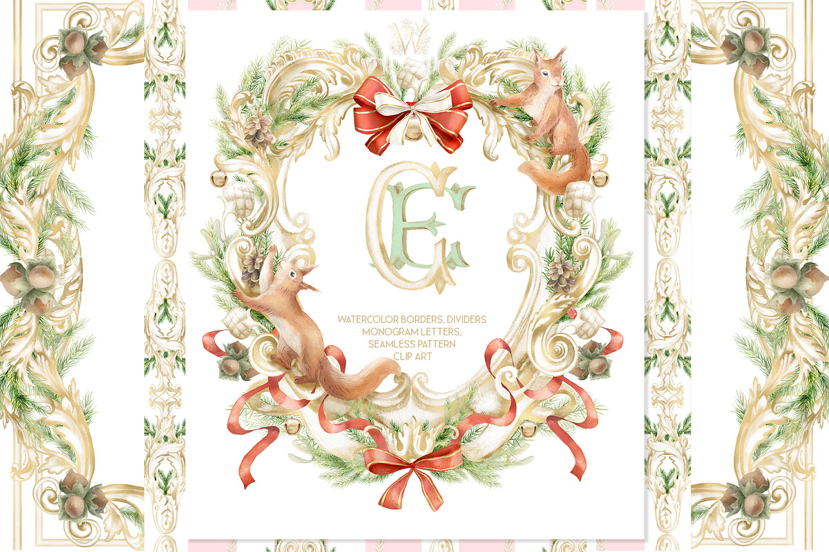 Watercolor Christmas frame, monogram, a Seasonal Illustration by WonderWonder (Photo 1 of 11)