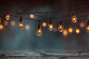 Hanging string lights glowing in dark moody ambiance with bokeh, a Holiday Photo by José Manuel Gelpi