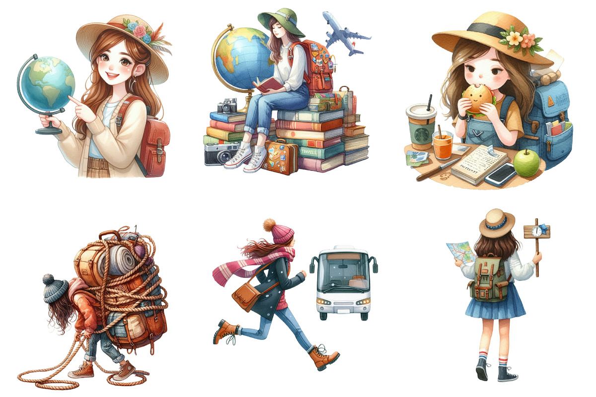 Traveler Girl Clipart Bundle, an Illustration by Designworld (Photo 3 of 6)