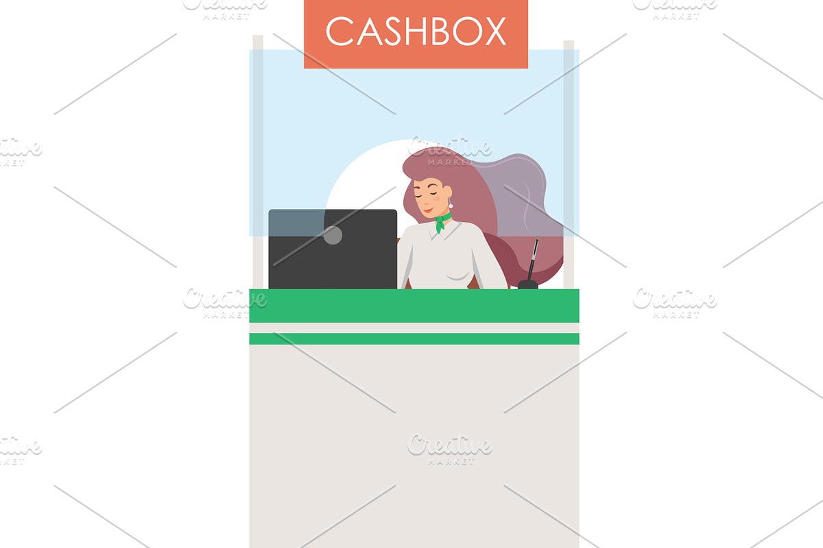 Cashier at cashbox in bank vector, a Finance Illustration by Sky Pics Studio