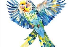 Vibrant Budgie in Flight Watercolor, an Animal Photo by Pixeness Studio