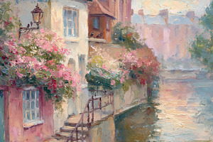 Romantic canal scene in a European city, charming houses with bl, a Photo by Studio ANNA