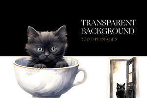 Watercolor Black Cat Clipart, Kitten