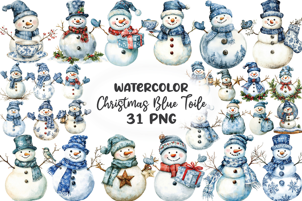 Christmas Blue Toile Snowman Clipart, an Illustration by CraftArtStudio (Photo 1 of 6)
