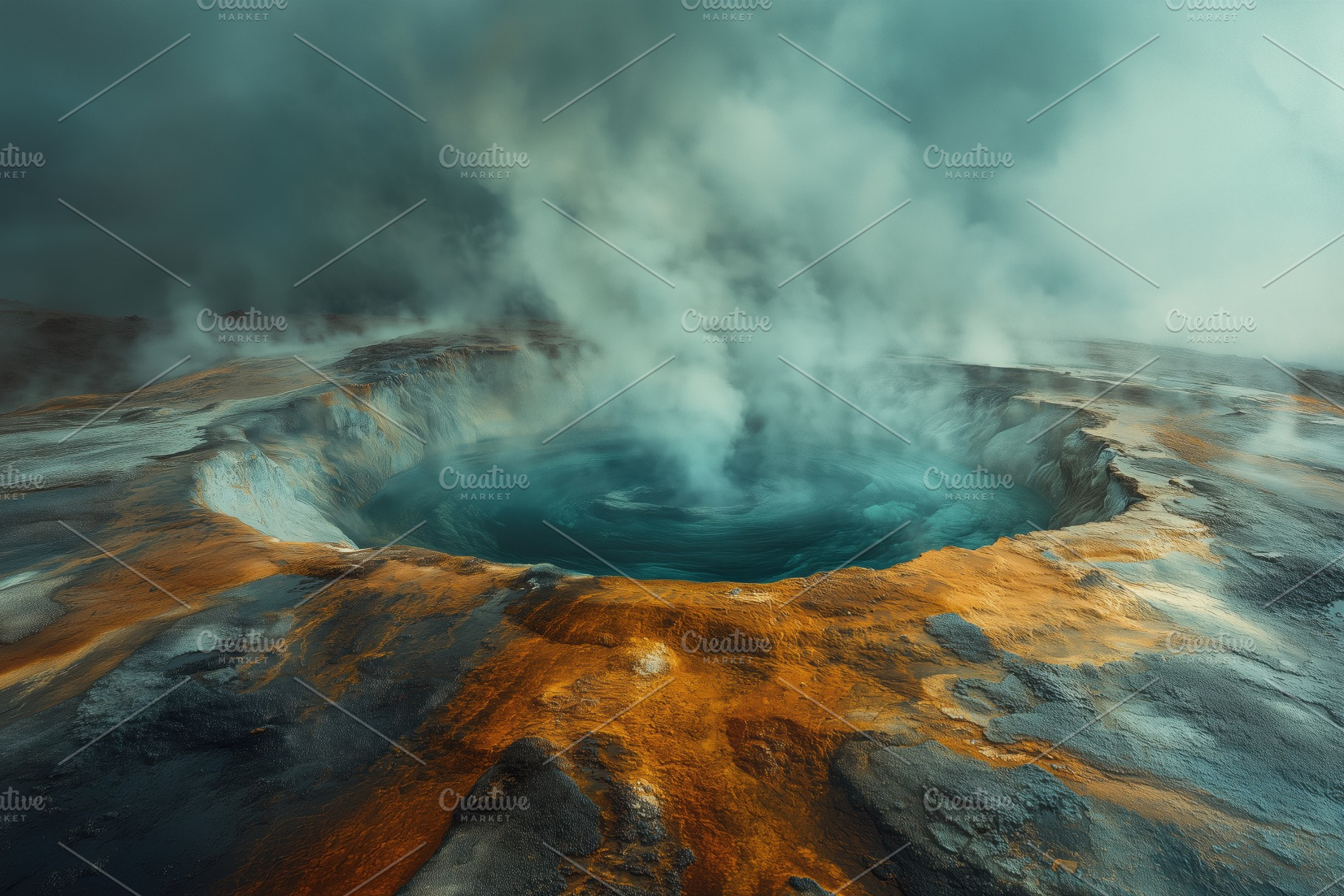 A stunning geothermal area featuring a steaming hot spring with vibrant blue wa, a Nature Photo by Textures & Backgrounds