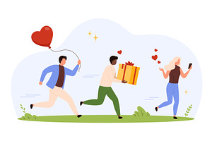 Woman chased by admirers with gifts