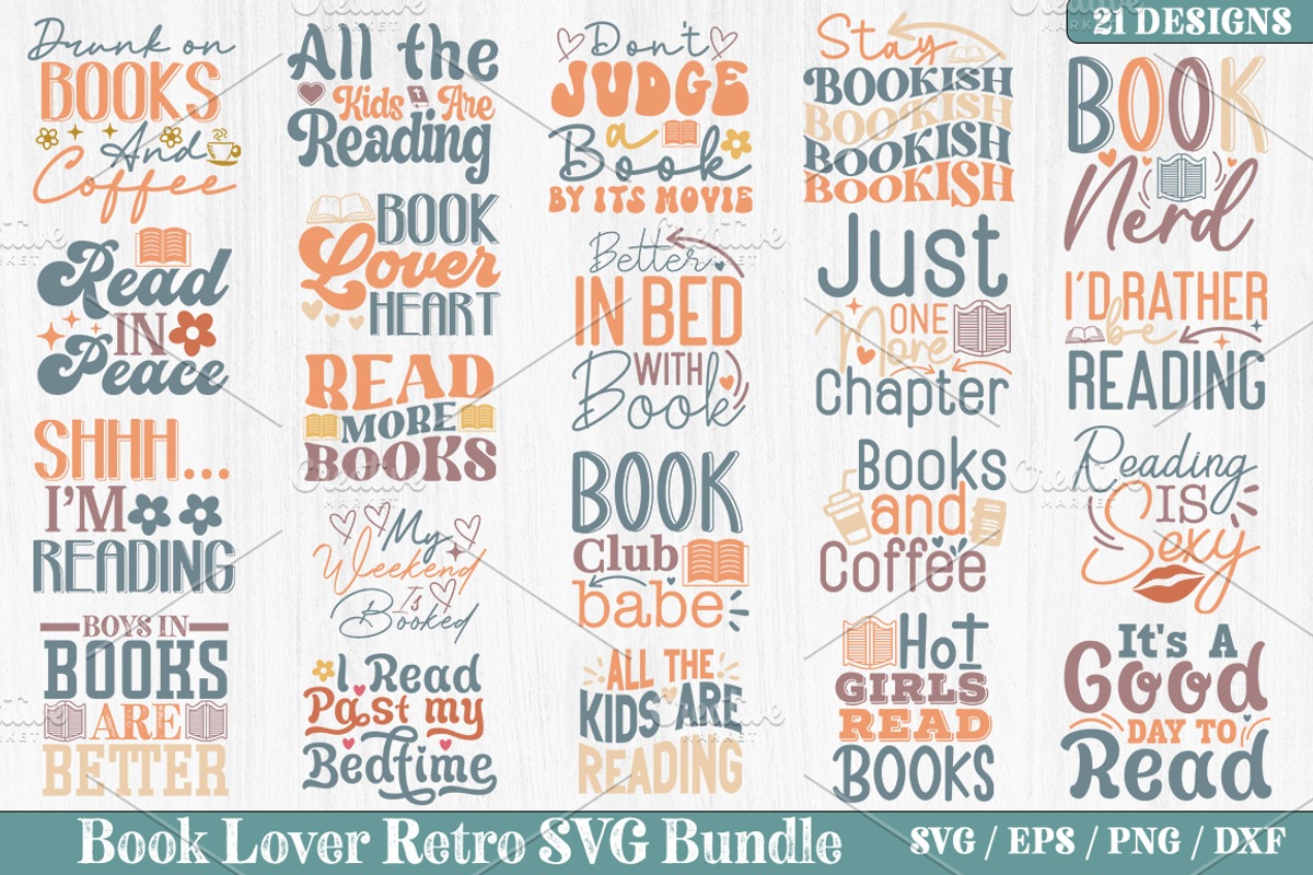 Book Lover Retro SVG Bundle ,Book, a Graphic by akazaddesign (Photo 2 of 13)