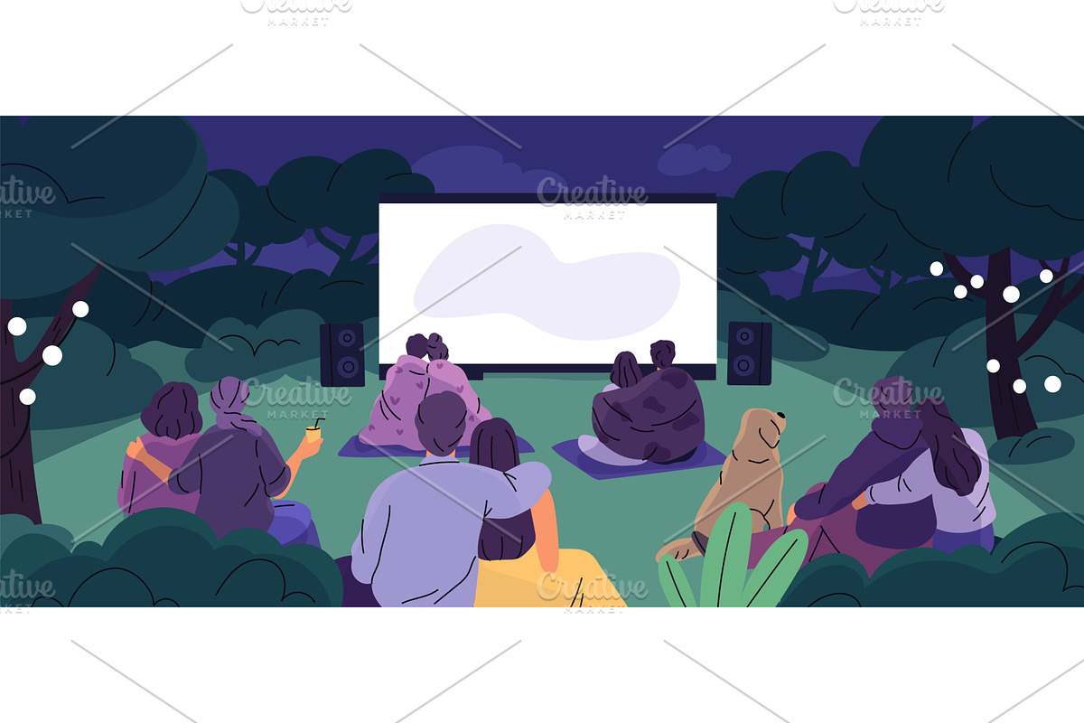 Outdoor cinema. People sitting on, an Illustration by YummyBuum