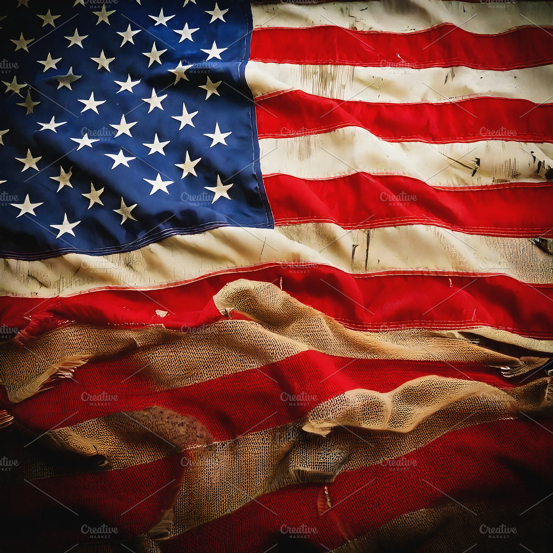 Worn american flag with frayed edges and faded colors, a Background Photo by GoodGoods