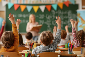 Students raising hands in class acti, a Photo by Pixeness Studio