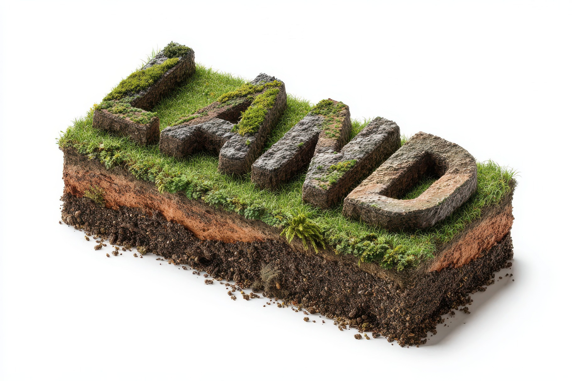 Land word formed from stone on grass, a Photo by Pixeness Studio