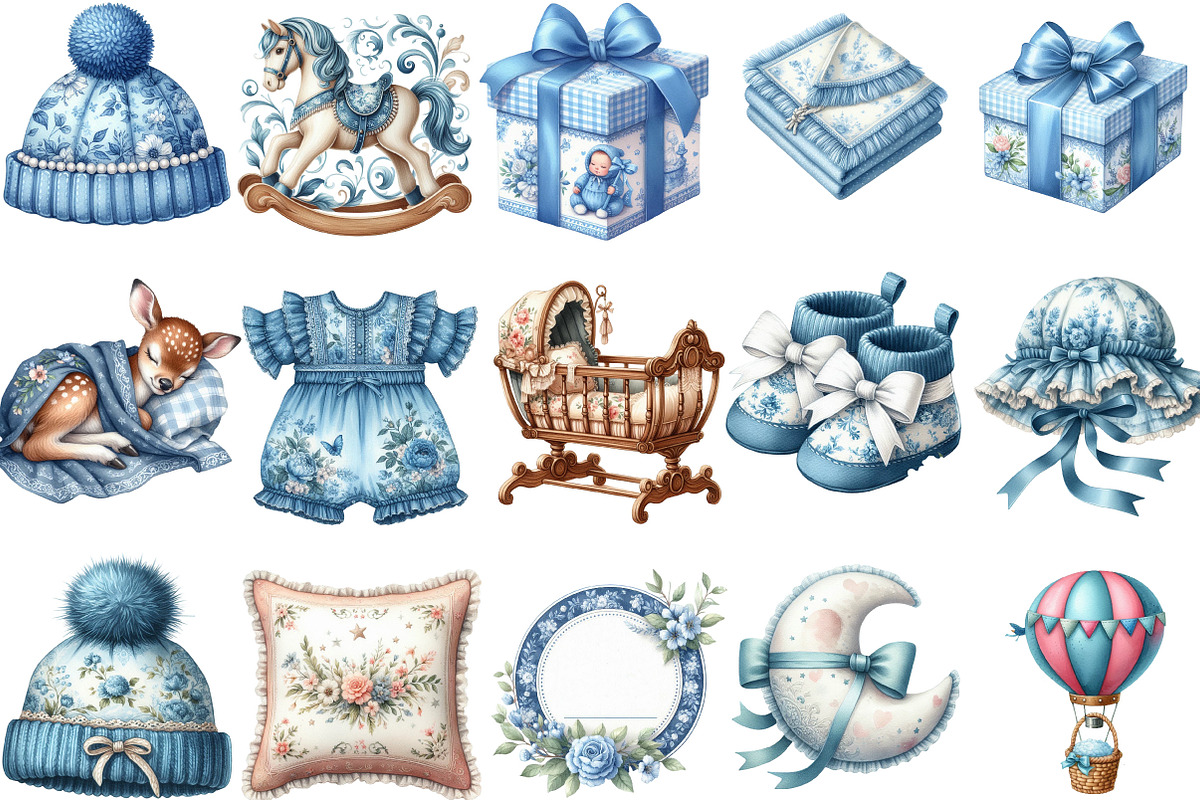 Watercolor Blue Toile Baby Clipart, an Illustration by Designking (Photo 2 of 5)