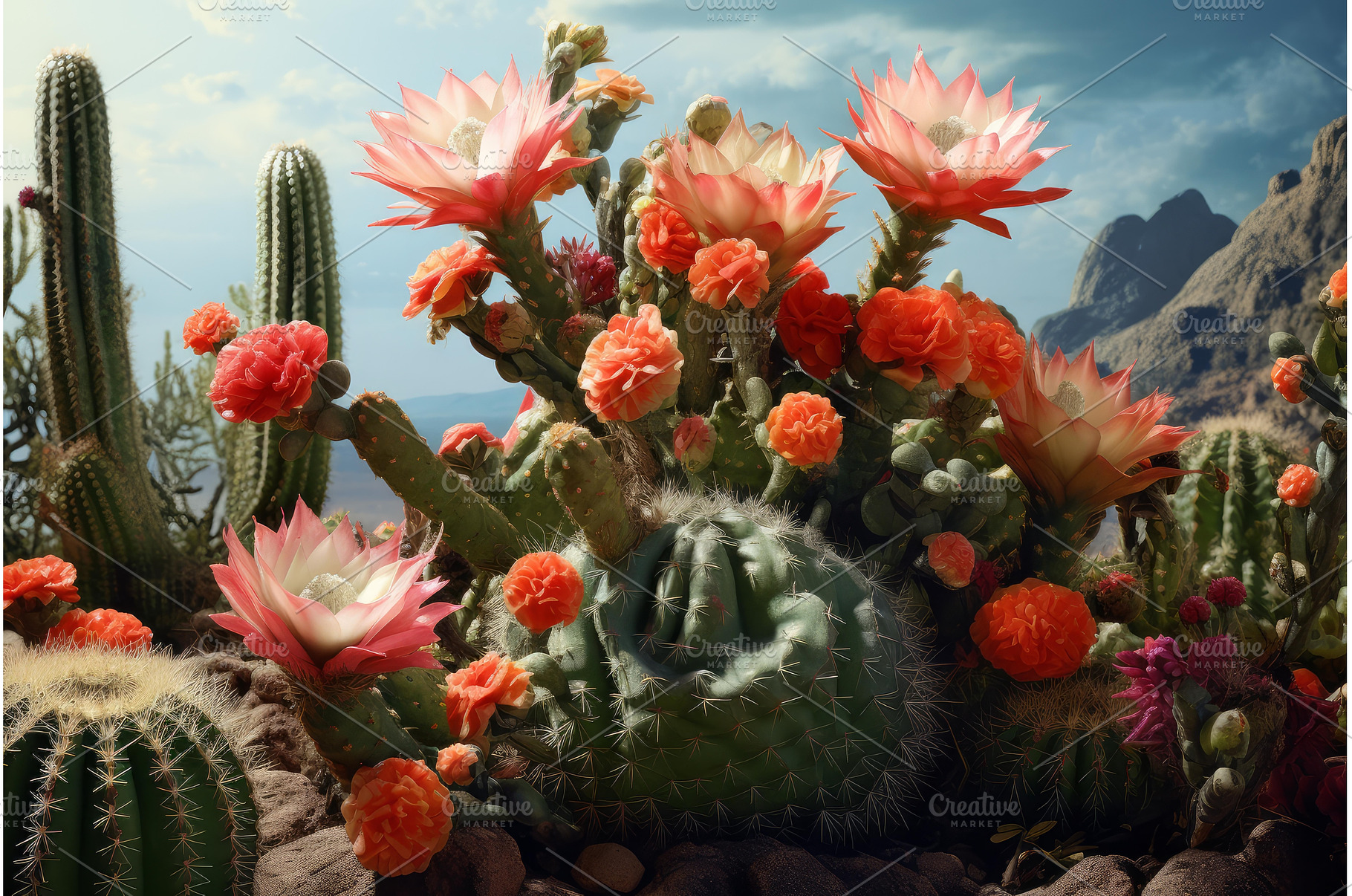 Blooming cacti flowers adorning the, a Nature Photo by Ylivdesign