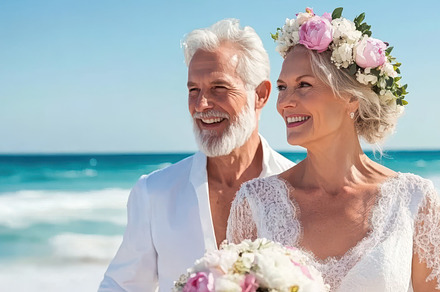 Joyful senior couple embracing on their wedding day, radiating love and happine, a Person Photo by Mashimara