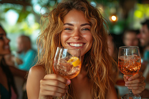 Joyful young woman with curly hair enjoying drinks with friends in a vibrant se, a Person Photo by ImageMir
