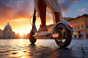 Commuting by e-scooter at sunset in a European city with cobblestone streets, a Photo by AlyaAnd
