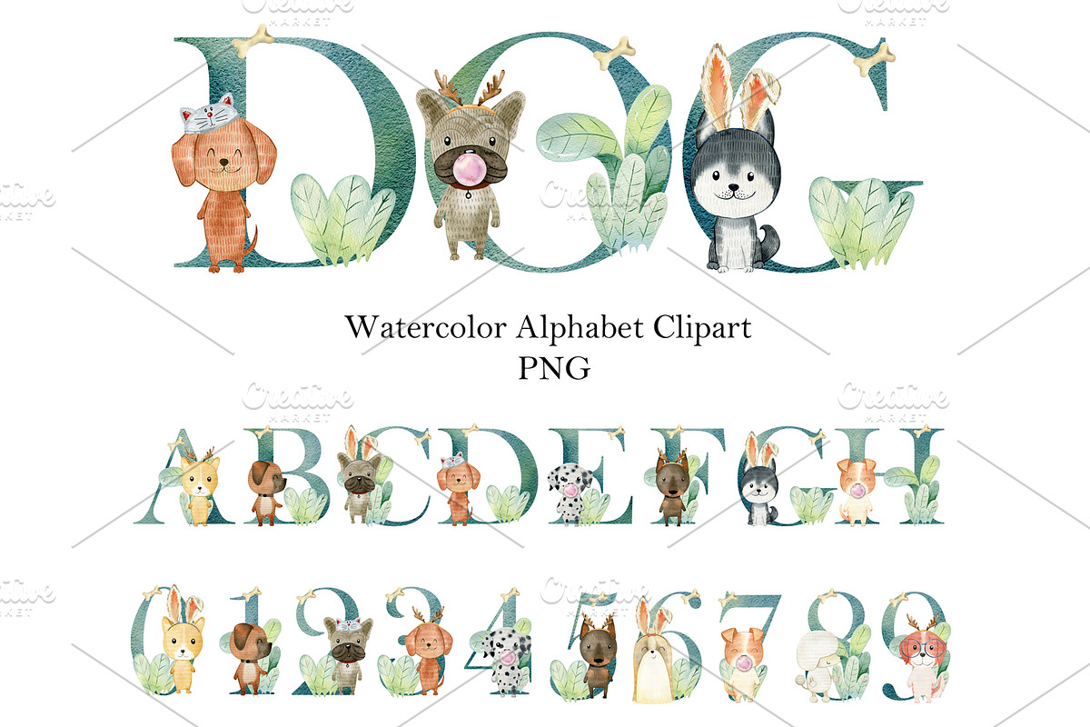 Watercolor alphabet with dogs., an Animal Illustration by TaPilipa (Photo 1 of 4)