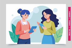 Two women with tablet and phone, an Illustration by Tanuart
