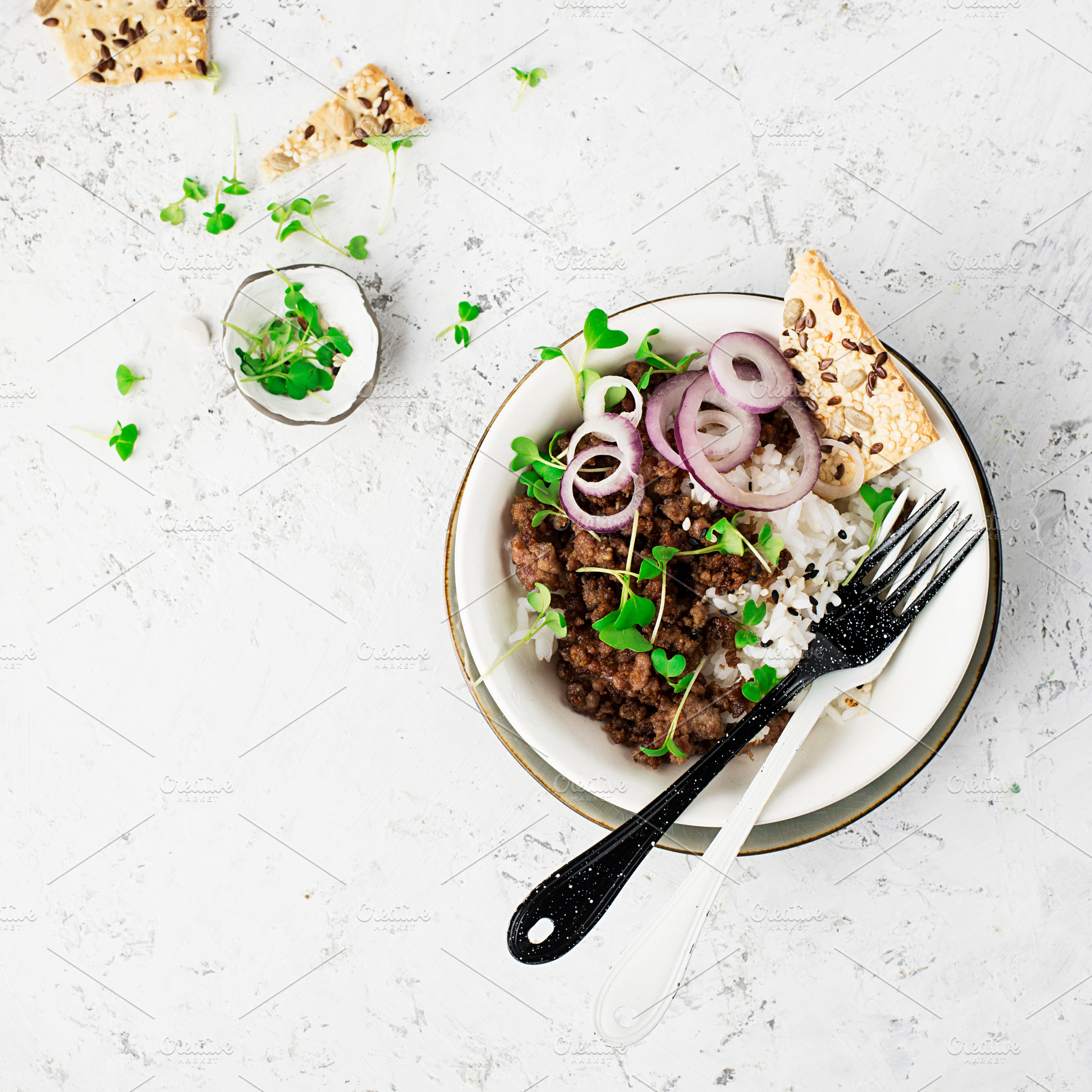 Fried beef minced bowl with basmati featuring beef, bowl, and cooked, a Food & Drink Photo by IleishAnna