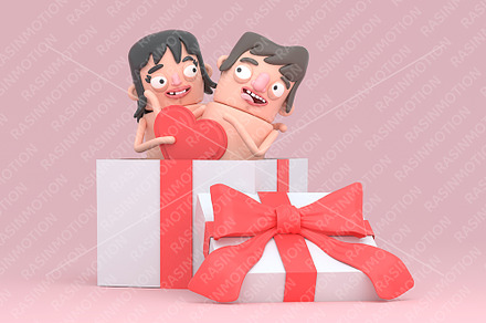 Couple in a big gif box touching eac