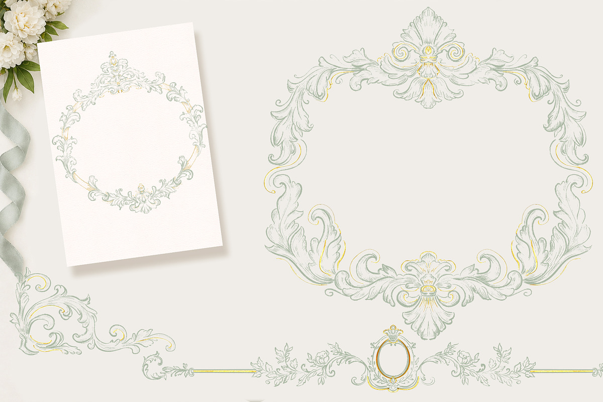 Green&Gold Baroque Wedding Set, a Decorative Illustration by AlenaVlasko stock Market (Photo 5 of 8)