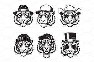 Vector set of cool tiger heads., an Animal Illustration by yod67
