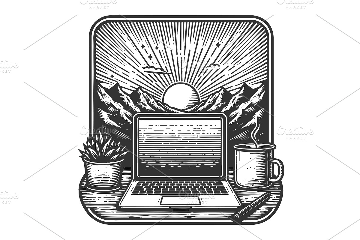 Laptop Workspace with Sunrise View, a Technology Illustration by AlexArt
