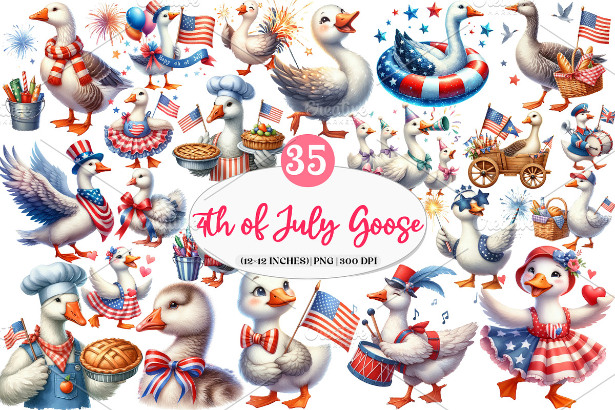 4th of July Goose Clipart PNG, an Illustration by Watercolor design (Photo 1 of 4)