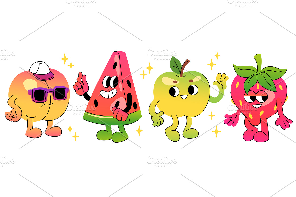 Groovy cartoon fruit persons with, a Food Illustration by art PVP - market