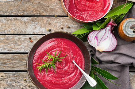 Seasonal fall autumn creamy beetroot soup on a table, a Food & Drink Photo by Antonina Vlasova