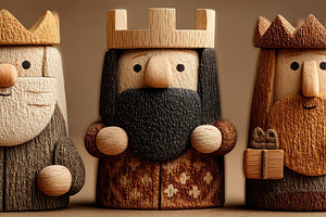Handcrafted wooden Three Wise Men figurines with gifts, carved a, a Holiday Photo by José Manuel Gelpi