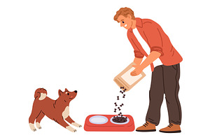 Young man feeds his favorite dog, an Animal Illustration by Vectorbuum
