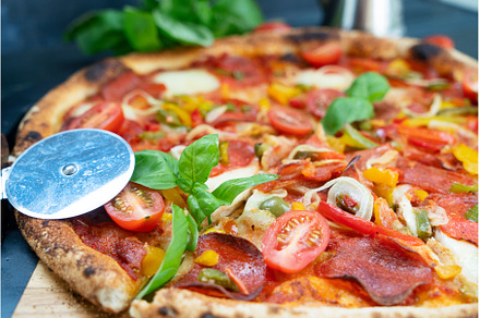 Pizza with salami and tomatoes, a Food & Drink Photo by Neirfy