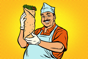 Smiling Oriental Street Food Chef. Kebab Shawarma Doner