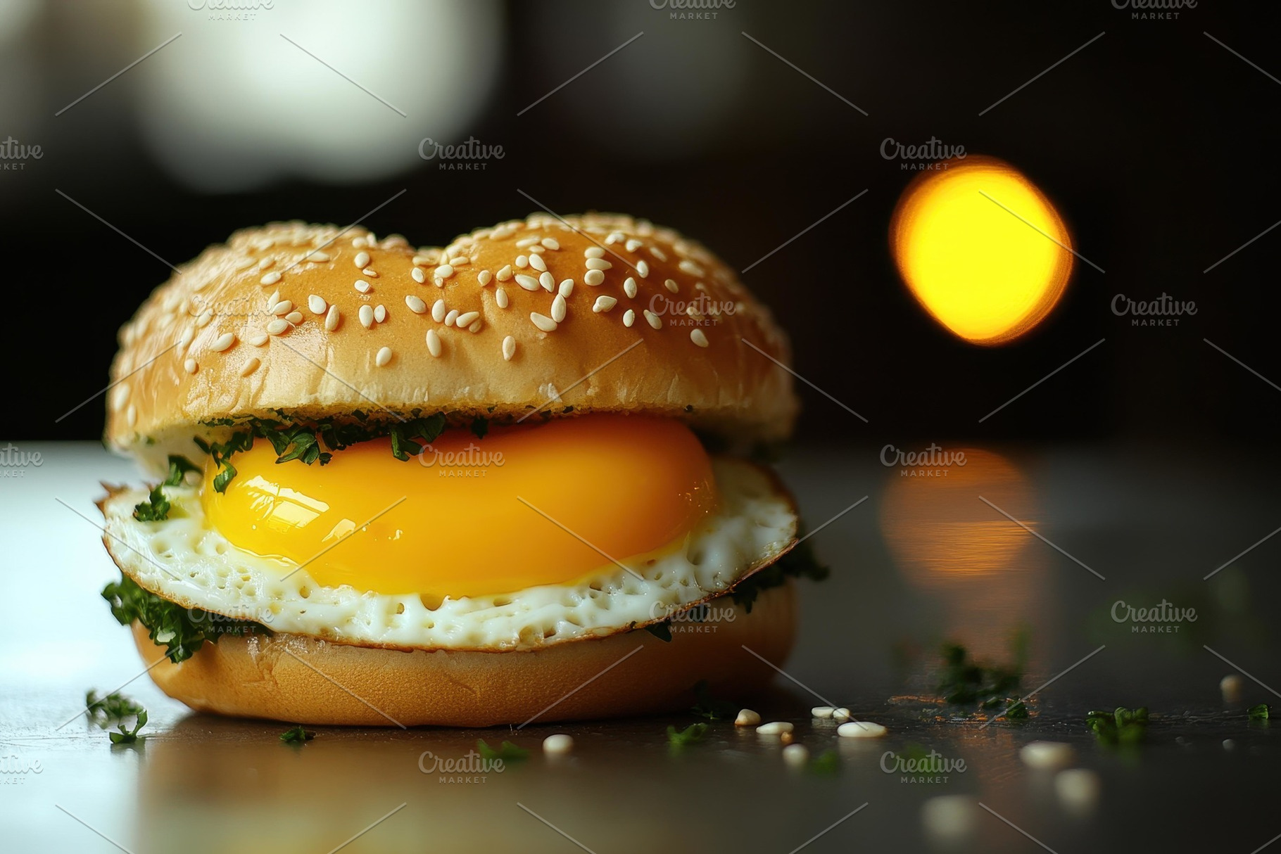 Delicious sesame seed bun filled wit, a Photo by Tanuart