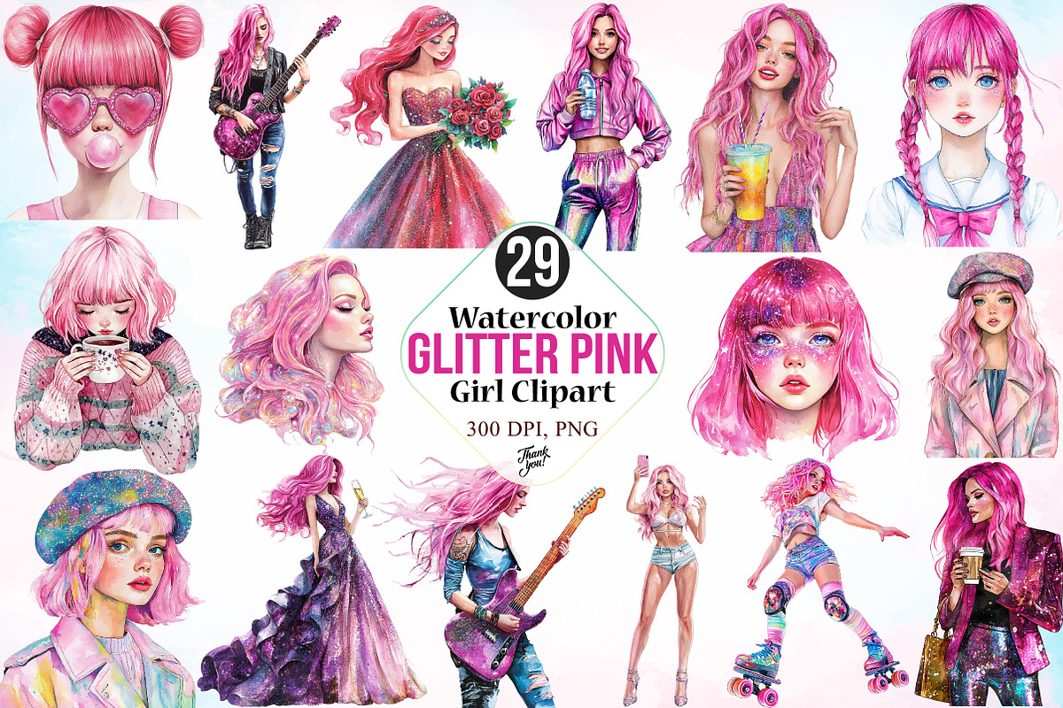 Watercolor Glitter Pink Girl Clipart, an Illustration by Canvas Craft (Photo 1 of 3)