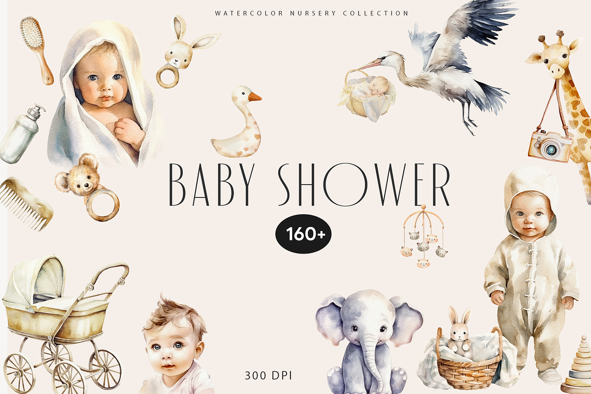 Baby Shower Watercolor Clipart, a Decorative Illustration by Sunshine Art (Photo 1 of 15)