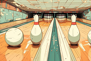 Interior of a vibrant bowling alley with pins and bowling balls, an Illustration by AS photostudio