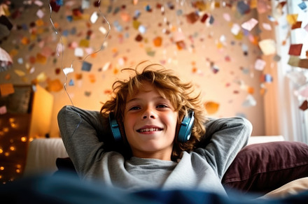 Adolescent boy listening to music with fun headphones in his roo, a Person Photo by designvectx