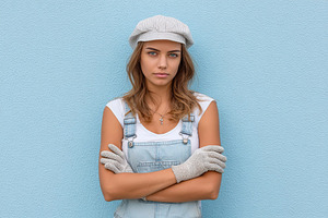 Young woman wearing a painter's outfit poses confidently against a pastel blue, a Person Photo by AlyaAnd