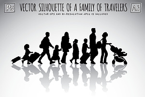 Silhouette of a family of travelers