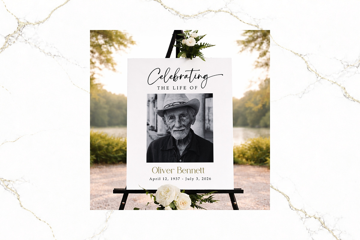 Funeral Welcome Sign B&W Canva FR001, a Poster Template by TyphoonStudio (Photo 1 of 8)