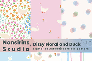 Duck and Flower Seamless Pattern Set