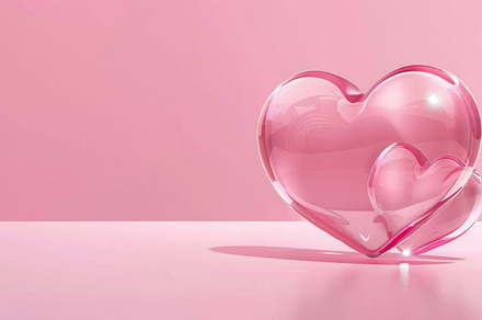 Pink glass hearts on pink background, concept of love, a Photo by Dvoevnore photos