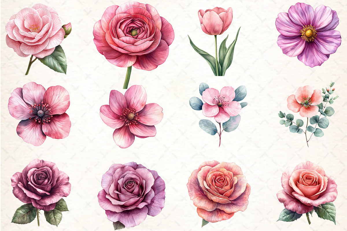 Dusty Pink Flowers Clipart, an Illustration by DreamCafeArt (Photo 2 of 7)